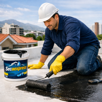 "Trabajador aplicando impermeabilizante Secaexpress en cubierta de techo para proteger contra filtraciones y humedad.