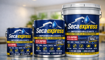Presentaciones del impermeabilizante Secaexpress en diferentes tamaños y envases, mostrando variedad para cada necesidad.